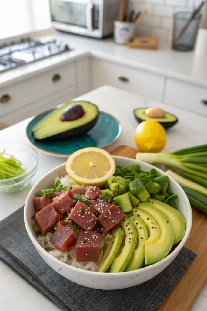 Tuna salad filling and fresh avocado halves with vegetables