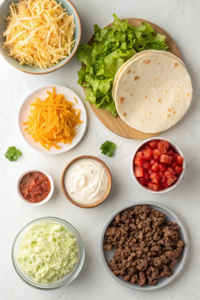 Featured close-up image of a Homemade Crunchwrap Supreme cut in half, showing all inner layers of cheese, meat, lettuce, and tomato.