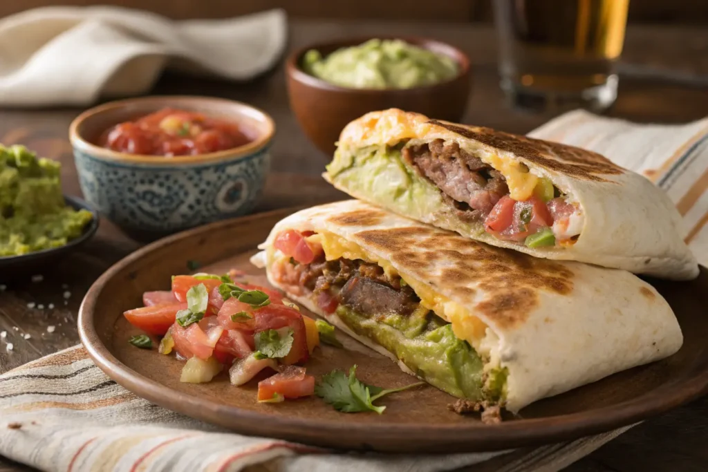 Homemade Crunchwrap Supreme close-up with beef and toppings