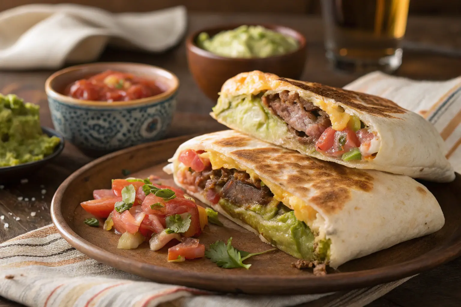 Homemade Crunchwrap Supreme close-up with beef and toppings