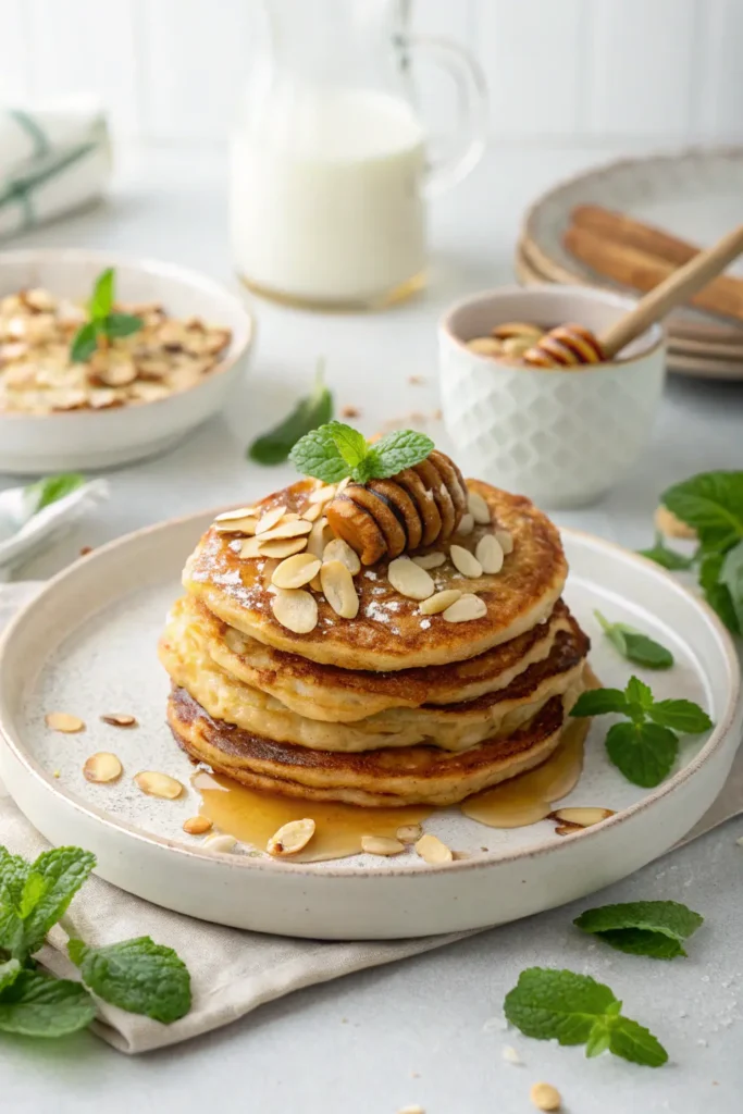 Plated gluten-free almond croissant pancakes with toppings