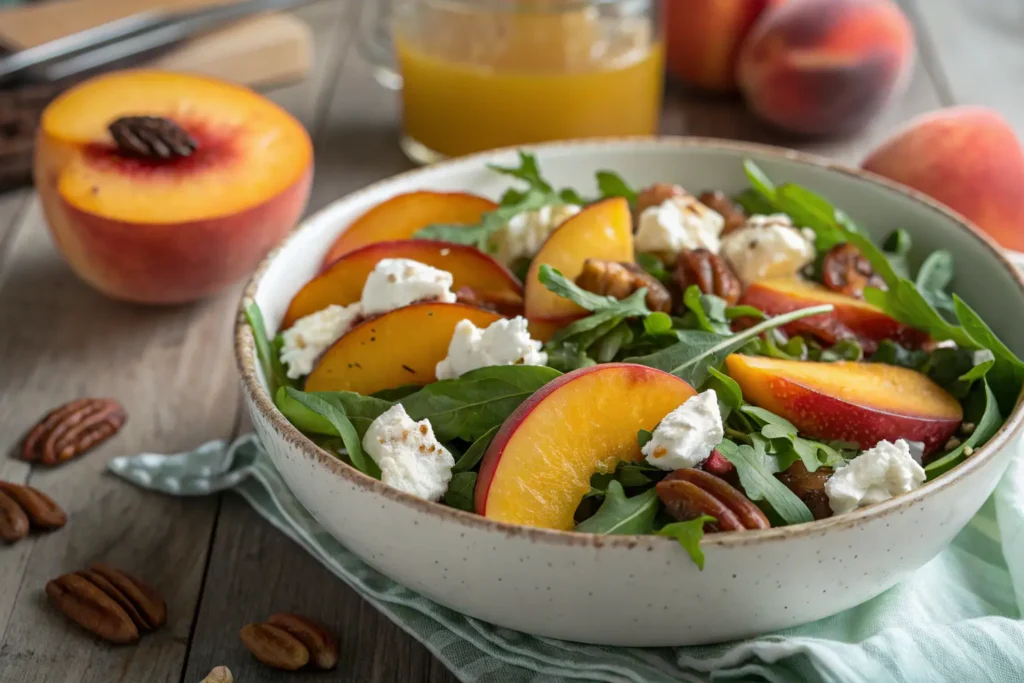 sweetgreen peach and goat cheese salad with summer lighting