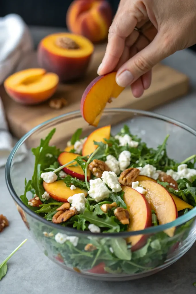 preparing homemade sweetgreen peach and goat cheese salad